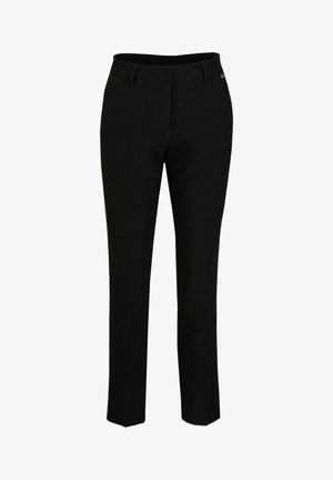 Pantalon noir ajusté, conception à jambe droite, en tissu léger, avec une texture lisse, équipé de passants de ceinture et d'un subtil accent doré au niveau de la taille.