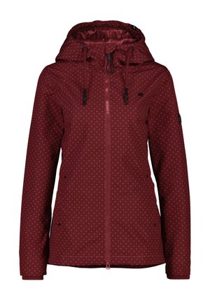 Giacca bordeaux con cappuccio, dotata di zip anteriore, polsini elastici e motivo a pois. Realizzata in materiale impermeabile.