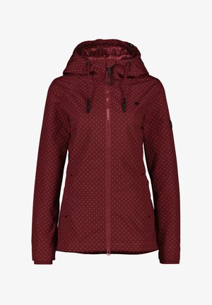 Giacca bordeaux con cappuccio, dotata di zip anteriore, polsini elastici e motivo a pois. Realizzata in materiale impermeabile.