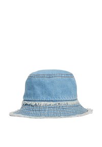 Blå denim bøttehat med frynset skygge, syet detaljer og rund top. Tøjstofet er blødt med et afslappet udseende.