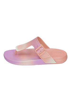 Roze gradient flip-flops met een gestructureerde band en verstelbare gesp. Vlakke zool met een gladde afwerking, ontworpen voor comfort en gebruiksgemak.