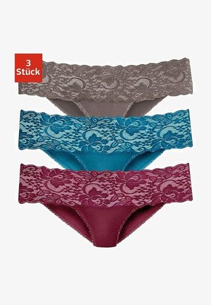 Three pairs of women's underwear in brown, teal, and burgundy; featuring lace trim, floral patterns, and a smooth fabric body.