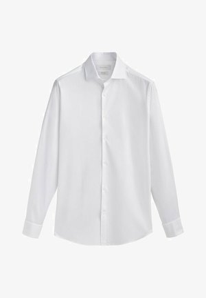 White long-sleeve button-up shirt with a spread collar, made of smooth fabric. Features a straight hem and single-button cuffs.