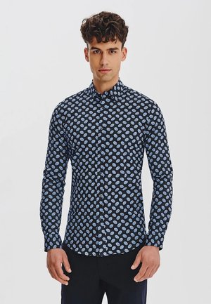 Męska koszula w niebiesko-granatowy wzór z kołnierzykiem typu button-down, z okrągłym wzorem kropek i długimi rękawami, wykonana z lekkiego materiału.
