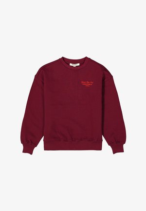 Bordeaux sweatshirt met ronde hals en geribde boorden en zoom, met oranje geborduurde tekst "Grand Tee Park DOWNTOWN LA."