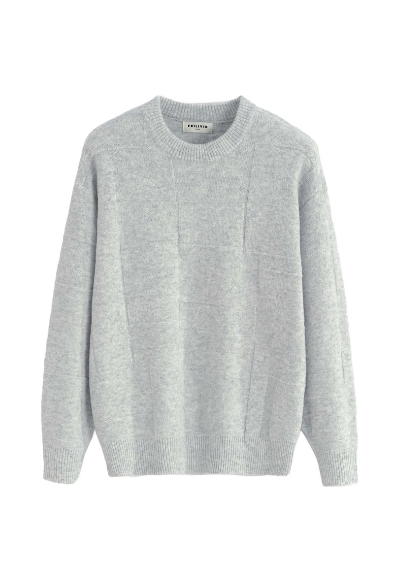 Pull en maille gris clair avec un col rond, un motif texturé, et des poignets et un ourlet côtelés. Fabriqué dans un matériau doux et chaud.