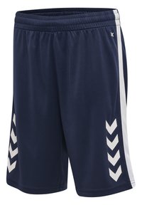 Bermudas azul marino hechas de una tela suave con una cinturilla elástica, que cuentan con acentos de chevron blanco a los lados y un detalle de raya blanca.