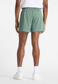 Grønne mesh idrettsshorts med elastisk midje, over-kne lengde, teksturert overflate og minimale sømdetaljer.