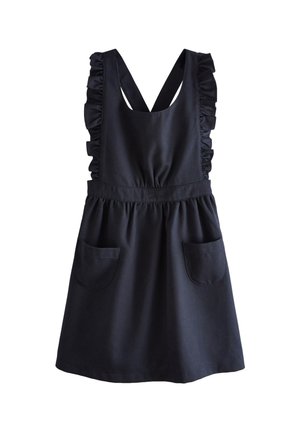 Schwarzes ärmelloses Kleid mit Rüschenriemchen, die sich am Rücken kreuzen, einer gerafften Taille und zwei vorderen aufgesetzten Taschen.