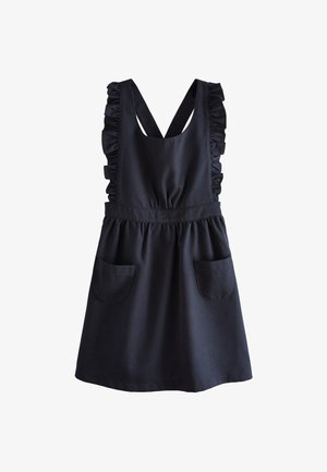 Fekete ujjatlan ruha fodros pántokkal, amelyek a hátán keresztezik egymást, összehúzott derékkal és két elöl található foltzsebbel.