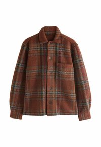 Brown, fleece plaid shirt jacket with a collar; features orange, blue, and green lines, front pocket, and button closure.