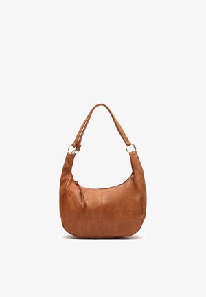 Pruun nahast õlakott ühe rihmaga ja tõmbluku sulguri, millel on veidi reljeefne pind ja metallist rõngaste detailid.