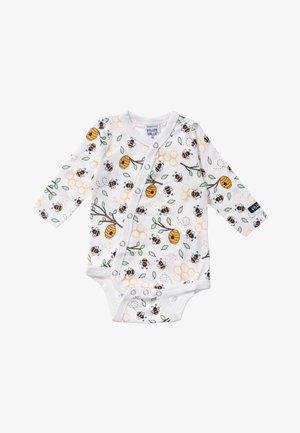 Weißer langärmliger Baby-Body mit Druckknöpfen, verziert mit einem Muster aus Bienen, Waben, Zweigen und grünen Blättern.