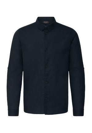 Férfi hosszú ujjú, sötétkék, gombos ing hegyes gallérral, normál mandzsettával és karcsúsított szabással.