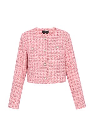 Kort pink tweedjakke med lange ærmer, der har et ternet mønster og seks sølvfarvede trykknapper foran.