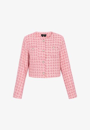 Cropped pink tweed jacket with long sleeves, featuring a grid pattern and six silver-tone snap buttons on the front.