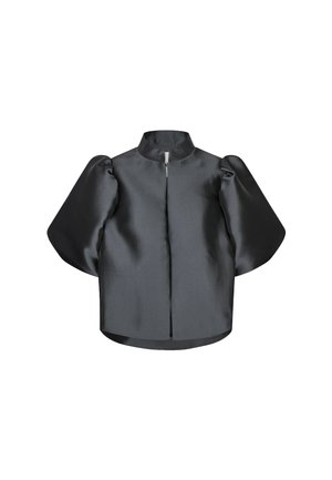 Donkergrijze satijnen blouse met een hoge kraag, brede pofmouwen en een ritssluiting in het midden van de rug. Gladde stof met een gestructureerd ontwerp.