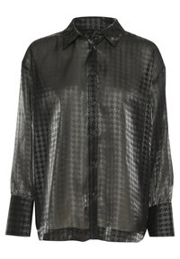 Sort semi-gennemsigtig skjorte med knaplukning og houndstooth mønster, med krave, lange ærmer og ensfarvede sorte manchetter. Glat tekstur.