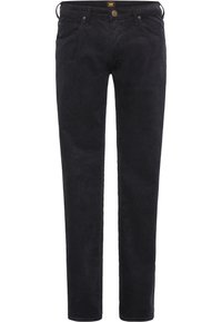 Černé kordové kalhoty se střiháním do rovna, vybavené předními kapsami, knoflíkovým zapínáním a jemnou ribkovou strukturou po celé ploše.