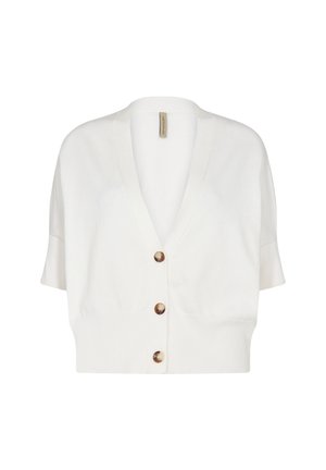 Weißer kurzärmeliger Strickcardigan mit tiefem V-Ausschnitt und drei großen braunen Knöpfen vorne.