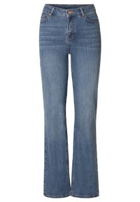 Uitlopende blauwe jeans van denim met een middelhoge taille, vijf zakken en een lichte wassing met subtiele vervaging en gestikte naden.