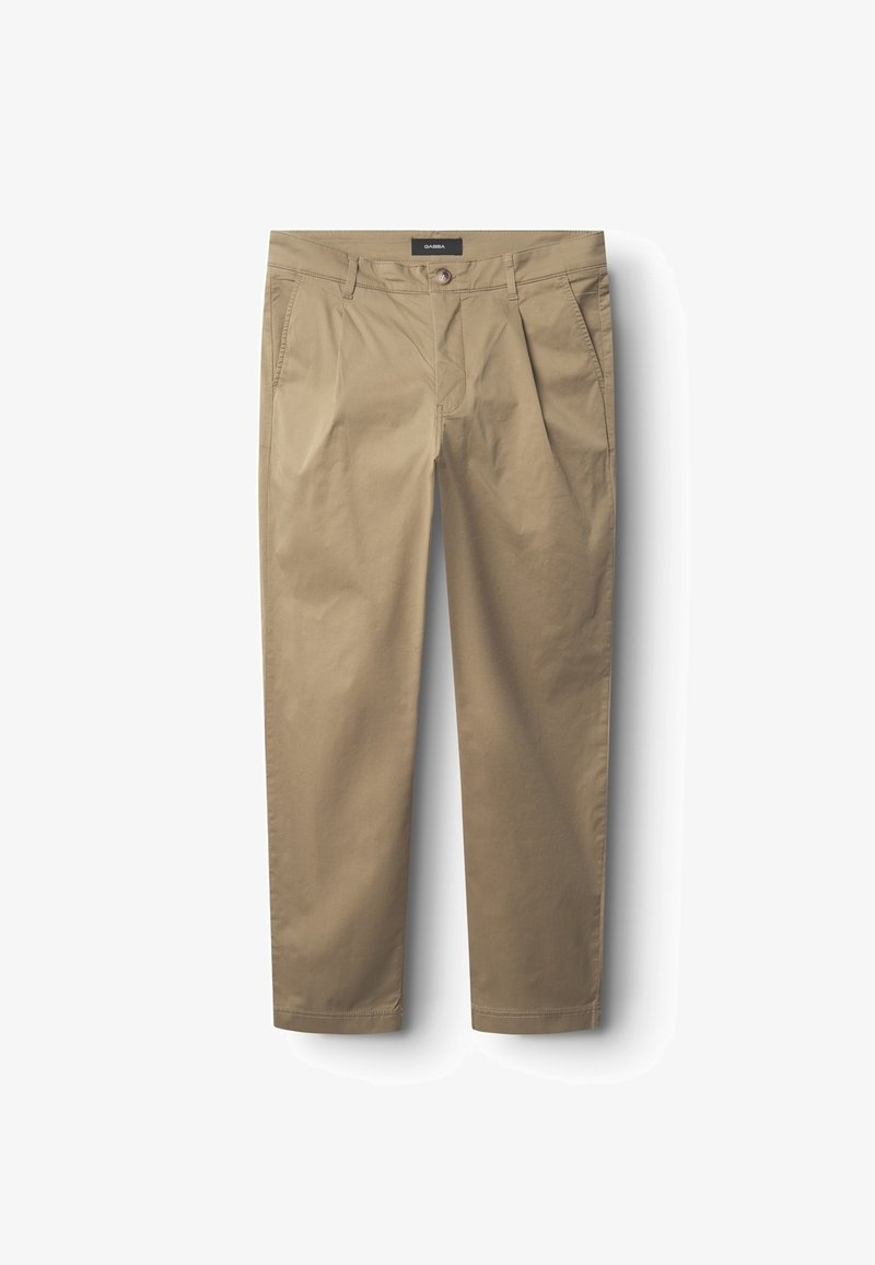 Pantalon beige décontracté avec fermeture à bouton, passants de ceinture et poches latérales, présenté à plat sur fond blanc.
