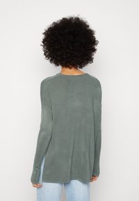 Hellgrüner Strickpullover mit lockerer Passform, langen Ärmeln und gerippten Bündchen. Glatter Stoff und runder Halsausschnitt.