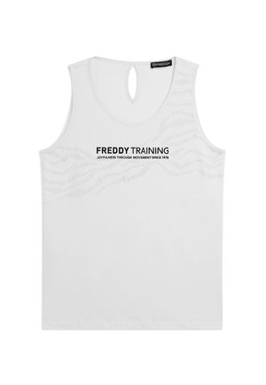Haut d'entraînement blanc sans manches avec une ouverture en forme de goutte dans le dos, motifs ondulés subtils et texte "FREDDY TRAINING Joie par le mouvement depuis 1976" sur le devant.