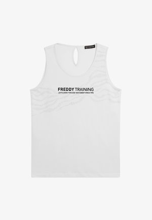 Haut d'entraînement blanc sans manches avec une ouverture en forme de goutte dans le dos, motifs ondulés subtils et texte "FREDDY TRAINING Joie par le mouvement depuis 1976" sur le devant.