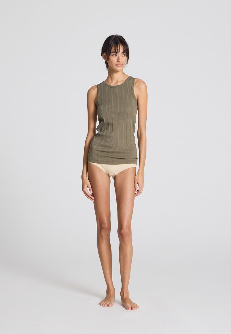 Olive green ribbed tank top with a round neckline, form-fitting design, and sleeveless cut; worn with neutral-toned bikini bottoms.