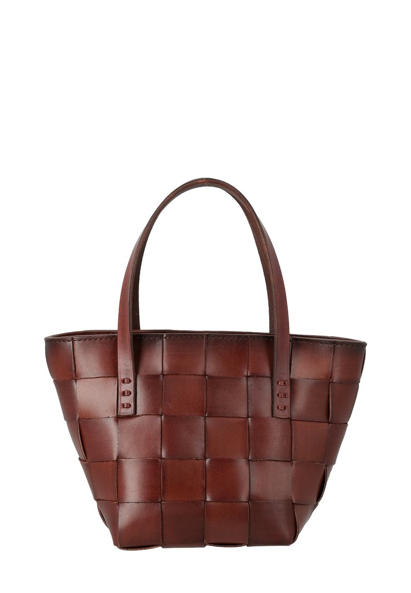 Borsa a tote in pelle intrecciata marrone con due manici, forma strutturata e motivo a griglia. Design elegante e texture liscia.