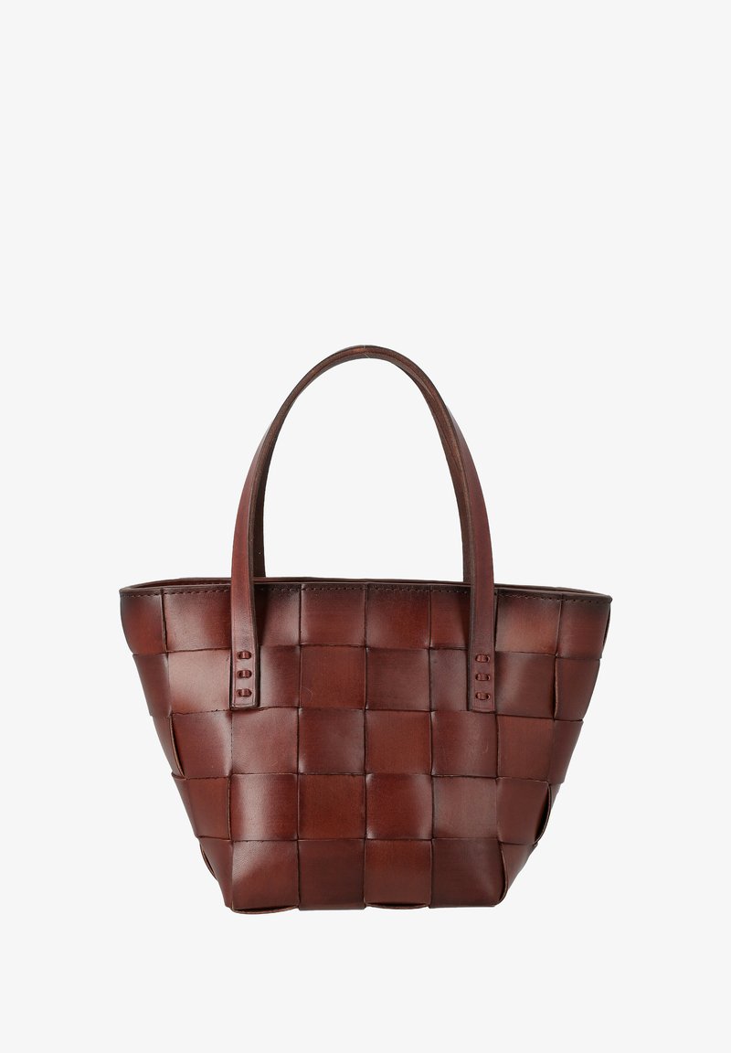 Borsa a tote in pelle intrecciata marrone con due manici, forma strutturata e motivo a griglia. Design elegante e texture liscia.