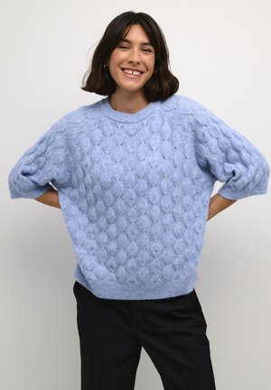 Lichtblauwe gebreide trui met een gestructureerd bladenpatroon, korte pofmouwen en een ronde halslijn, gecombineerd met zwarte broek.