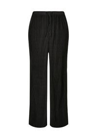 Black ribbed wide-leg pants with elastic waistband and front drawstring closure.