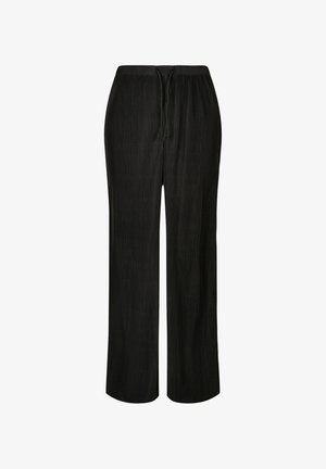 Pantalon large noir côtelé avec ceinture élastique et fermeture à cordon sur le devant.