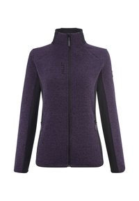 Veste en polaire zippée violette et noire avec col montant et poches latérales zippées, conçue pour les vêtements d'extérieur féminins.