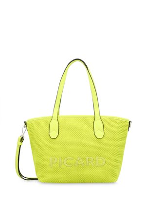Felgele getextureerde shopper met twee handvatten, een afneembare schouderriem en "PICARD" geperst aan de voorkant.