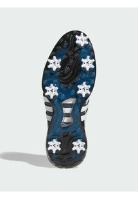 Černobílá podrážka s výraznými bílými hroty ve tvaru hvězdy, texturovanými modrými akcenty a vlnitým vzorem na povrchu.