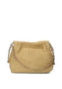 Geweven handtas met een gevlochten schouderband, gemaakt van beige materiaal met een gestructureerd oppervlak en een gathered bovenkant, met een slouchy silhouet.