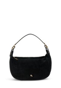 Borsa a tracolla in suede nero con forma arrotondata, manico intrecciato e dettagli in oro. Presenta una texture morbida e un design minimalista.