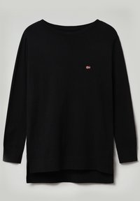 Maglione nero lavorato a maglia con una vestibilità morbida, scollatura rotonda, maniche lunghe, spacchi laterali e una piccola bandiera norvegese ricamata sul petto.