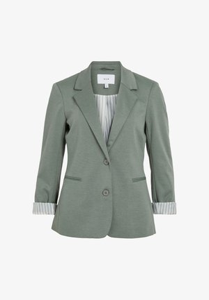 Blazer vert en tissu texturé, avec un col cranté, deux boutons et des poignets rayés retroussés. Étiqueté avec la marque VILA.