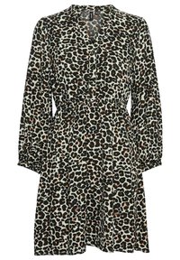 Leopardi-kuosiset pitkähihaiset mekko, jossa on elastinen vyötärö ja napitettavuus edessä. Kangas näyttää kevyeltä ja sileältä.
