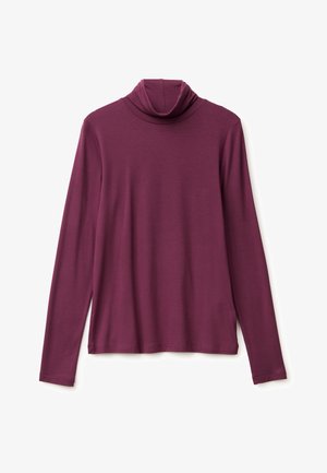 Długi rękaw, golf w głębokim fioletowym materiale. Gładka tekstura z dopasowanym kształtem. Brak wzorów lub dodatkowych elementów.