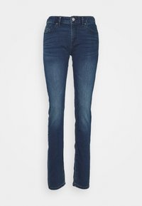 Mörkblå denimjeans med rak bendesign, fem fickor, synlig sömnad och knap- och dragkedjestängning i midjan.