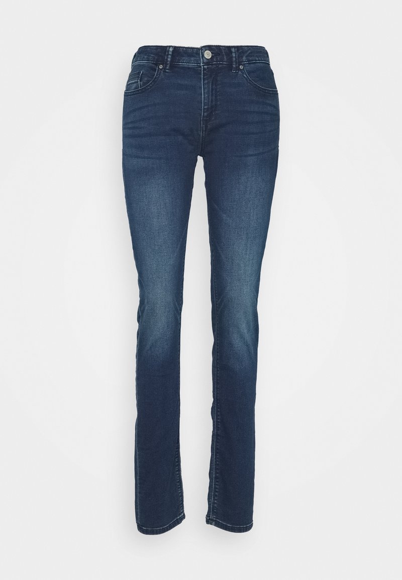 Mörkblå denimjeans med rak bendesign, fem fickor, synlig sömnad och knap- och dragkedjestängning i midjan.