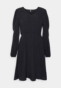 Musta pitkähihaista mekkoa V-päällä, kokoontuva vyötärö ja liukas hameosa. Valmistettu sileästä kankaasta, jolla on pehmeä rakenne.