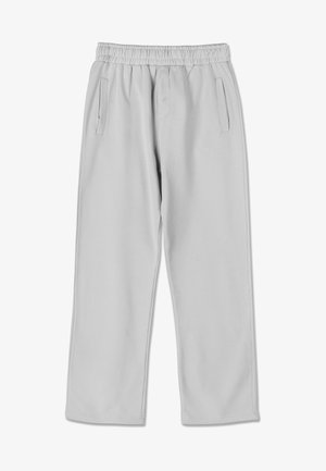 Pantaloni della tuta grigi chiari, affusolati, con vita elastica, due tasche laterali e un discreto logo sulla parte frontale. Texture morbida.