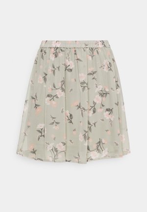 Light green knee-length skirt with pink and white floral print and elastic waistband on a white background.
