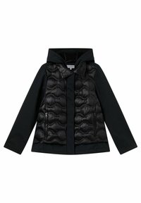 Veste matelassée noire avec un devant matelassé et brillant ainsi qu'une capuche. Sections gonflées texturées contrastant avec un tissu mat aux manches et au bas.